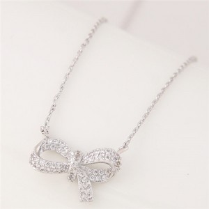 Cubic Zirconia Inlaid Elegant Korean Fashion Bowknot Pendant Necklace - Silver