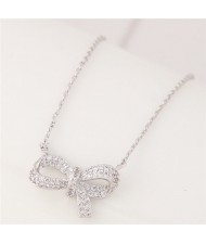 Cubic Zirconia Inlaid Elegant Korean Fashion Bowknot Pendant Necklace - Silver