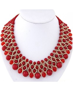 Pearl and Crystal Combo Four Layers Golden Weaving Pattern Fashion Statement Necklace - Red