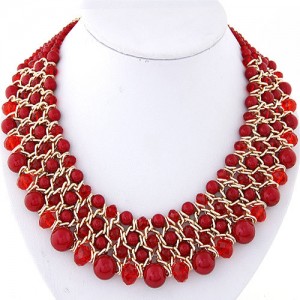 Pearl and Crystal Combo Four Layers Golden Weaving Pattern Fashion Statement Necklace - Red