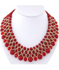 Pearl and Crystal Combo Four Layers Golden Weaving Pattern Fashion Statement Necklace - Red