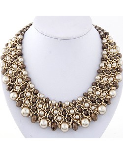 Pearl and Crystal Combo Four Layers Golden Weaving Pattern Fashion Statement Necklace - Dark Brown