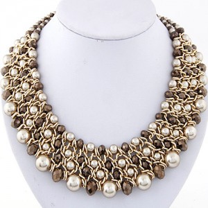 Pearl and Crystal Combo Four Layers Golden Weaving Pattern Fashion Statement Necklace - Dark Brown
