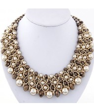 Pearl and Crystal Combo Four Layers Golden Weaving Pattern Fashion Statement Necklace - Dark Brown