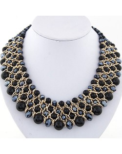 Pearl and Crystal Combo Four Layers Golden Weaving Pattern Fashion Statement Necklace - Ink Blue