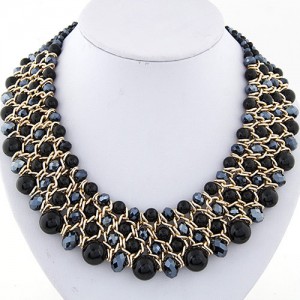 Pearl and Crystal Combo Four Layers Golden Weaving Pattern Fashion Statement Necklace - Ink Blue