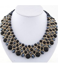 Pearl and Crystal Combo Four Layers Golden Weaving Pattern Fashion Statement Necklace - Ink Blue