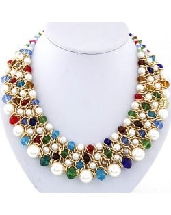 Pearl and Crystal Combo Four Layers Golden Weaving Pattern Fashion Statement Necklace - Multicolor