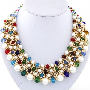 Pearl and Crystal Combo Four Layers Golden Weaving Pattern Fashion Statement Necklace - Multicolor