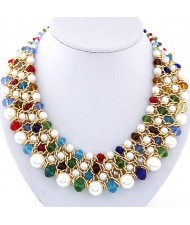 Pearl and Crystal Combo Four Layers Golden Weaving Pattern Fashion Statement Necklace - Multicolor