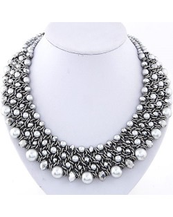 Pearl and Crystal Combo Four Layers Silver Weaving Pattern Fashion Statement Necklace