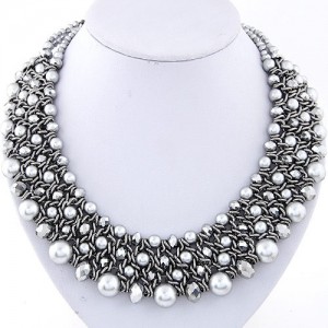 Pearl and Crystal Combo Four Layers Silver Weaving Pattern Fashion Statement Necklace