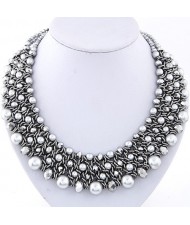 Pearl and Crystal Combo Four Layers Silver Weaving Pattern Fashion Statement Necklace