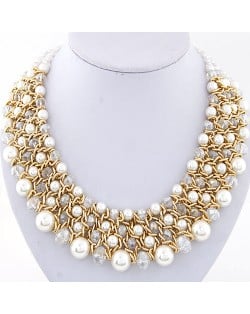 Pearl and Crystal Combo Four Layers Golden Weaving Pattern Fashion Statement Necklace - White