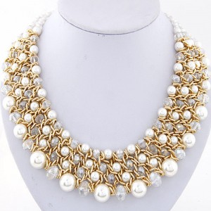 Pearl and Crystal Combo Four Layers Golden Weaving Pattern Fashion Statement Necklace - White