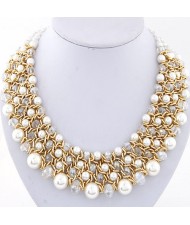 Pearl and Crystal Combo Four Layers Golden Weaving Pattern Fashion Statement Necklace - White
