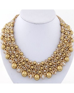 Pearl and Crystal Combo Four Layers Golden Weaving Pattern Fashion Statement Necklace - Golden