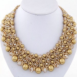 Pearl and Crystal Combo Four Layers Golden Weaving Pattern Fashion Statement Necklace - Golden