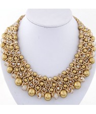 Pearl and Crystal Combo Four Layers Golden Weaving Pattern Fashion Statement Necklace - Golden