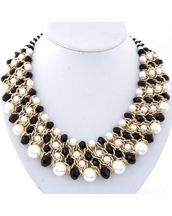 Pearl and Crystal Combo Four Layers Golden Weaving Pattern Fashion Statement Necklace - Black and White