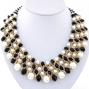 Pearl and Crystal Combo Four Layers Golden Weaving Pattern Fashion Statement Necklace - Black and White