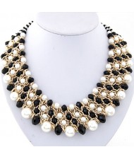 Pearl and Crystal Combo Four Layers Golden Weaving Pattern Fashion Statement Necklace - Black and White