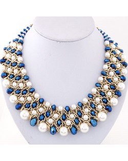 Pearl and Crystal Combo Four Layers Golden Weaving Pattern Fashion Statement Necklace - Blue and White