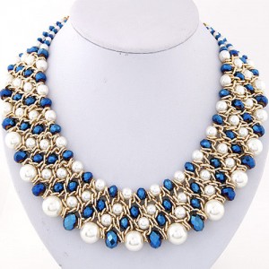 Pearl and Crystal Combo Four Layers Golden Weaving Pattern Fashion Statement Necklace - Blue and White