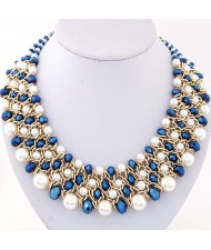Pearl and Crystal Combo Four Layers Golden Weaving Pattern Fashion Statement Necklace - Blue and White