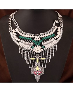 Rhinestone and Resin Embellished Folk Bird Head Totem Bold Style Statement Fashion Necklace - Silver
