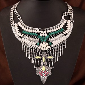 Rhinestone and Resin Embellished Folk Bird Head Totem Bold Style Statement Fashion Necklace - Silver