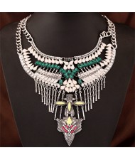 Rhinestone and Resin Embellished Folk Bird Head Totem Bold Style Statement Fashion Necklace - Silver