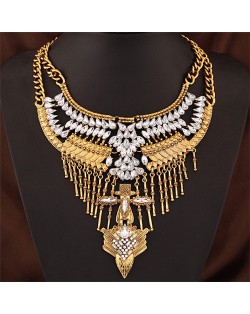Rhinestone and Resin Embellished Folk Bird Head Totem Bold Style Statement Fashion Necklace - Golden