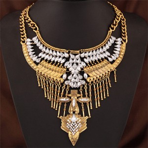 Rhinestone and Resin Embellished Folk Bird Head Totem Bold Style Statement Fashion Necklace - Golden