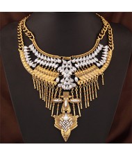Rhinestone and Resin Embellished Folk Bird Head Totem Bold Style Statement Fashion Necklace - Golden