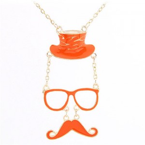 Unique Hat Glasses and Moustache Pendant Design Fashion Necklace - Orange