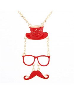 Unique Hat Glasses and Moustache Pendant Design Fashion Necklace - Red