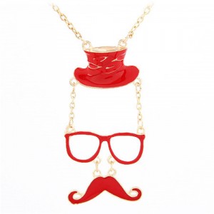 Unique Hat Glasses and Moustache Pendant Design Fashion Necklace - Red