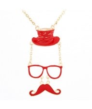 Unique Hat Glasses and Moustache Pendant Design Fashion Necklace - Red