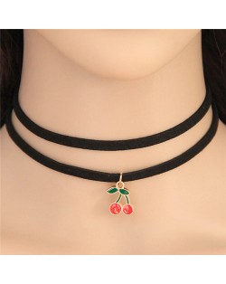 Sweet Cherry Pendant Dual Layers Rope Fashion Necklace