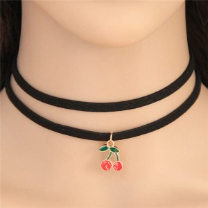 Sweet Cherry Pendant Dual Layers Rope Fashion Necklace