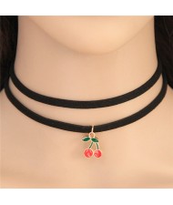 Sweet Cherry Pendant Dual Layers Rope Fashion Necklace
