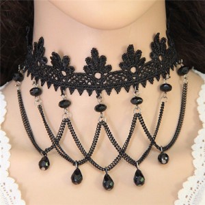 Beads Tassel Design Floral Lace Choker Necklace