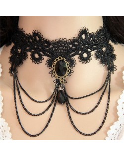 Gem Waterdrop Pendant Decorated Chain Tassel Fashion Lace Choker Necklace