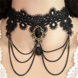 Gem Waterdrop Pendant Decorated Chain Tassel Fashion Lace Choker Necklace