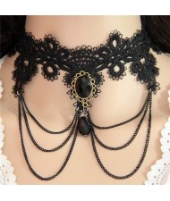 Gem Waterdrop Pendant Decorated Chain Tassel Fashion Lace Choker Necklace