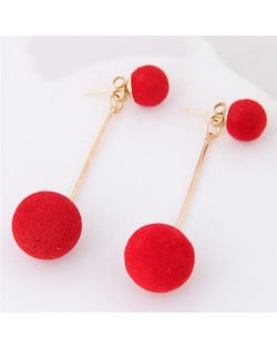 Fluffy Ball Shape Elegant Korean Fashion Stud Earrings - Red