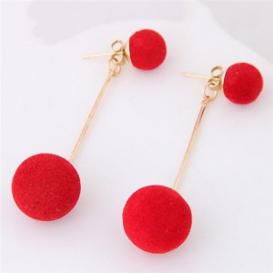 Fluffy Ball Shape Elegant Korean Fashion Stud Earrings - Red