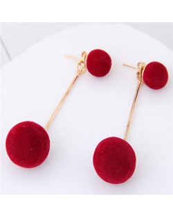 Fluffy Ball Shape Elegant Korean Fashion Stud Earrings - Wine Red