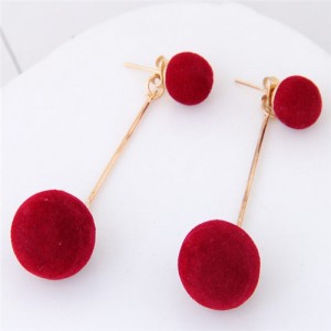 Fluffy Ball Shape Elegant Korean Fashion Stud Earrings - Wine Red